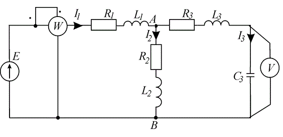 Для электрической схемы, изображенной на рисунке, определить токи во всех ветвях цепи и напряжения на отдельных участках. Составить баланс активной и реактивной мощностей. Построить в масштабе на комплексной плоскости векторную диаграмму токов и потенциальную диаграмму напряжений по внешнему контуру. Определить показание вольтметра и активную мощность, показываемую ваттметром.<br /> <b>Вариант 7</b>