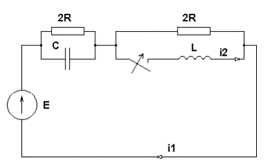 Найти:<br /> 1. Выражения для токов i1(t) и i2(t) классическим методом.  <br />2. Практическую длительность переходного процесса, а в случае колебательного характера этого процесса также и период свободных колебаний и логарифмический декремент колебаний <br />3. Построить графики переходных процессов токов i1(t) и i2(t) <br />4. Рассчитать переходные процессы токов i1(t) и i2(t) с помощью программы моделирования электрических и электронных схем. <br /><b>Вариант 28</b> <br />Дано: R = 8 Ом, L = 150 мГн, C = 83 мкФ, Е = 100 В