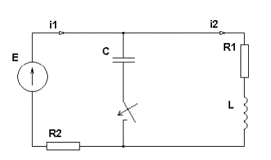 Найти:<br /> 1. Выражения для токов i1(t) и i2(t) классическим методом.  <br />2. Практическую длительность переходного процесса, а в случае колебательного характера этого процесса также и период свободных колебаний и логарифмический декремент колебаний <br />3. Построить графики переходных процессов токов i1(t) и i2(t) <br />4. Рассчитать переходные процессы токов i1(t) и i2(t) с помощью программы моделирования электрических и электронных схем. <br /><b>Вариант 28</b> <br />Дано: R1 = 50 Ом, R2 = 20 Ом, L = 150 мГн, C = 83 мкФ, Е = 100 В