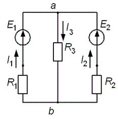 Определить токи электрической схемы<br /> Дано: <br />Е1 = 70 В, Е2 = 80 В<br />R1 = R2 = R3 = 10 Ом<br /> Найти I1-?, I2 - ?, I3 - ? методом контурных токов