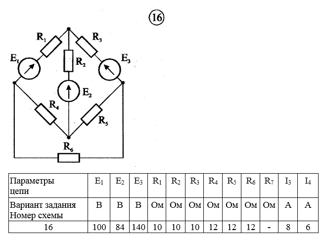 Для заданной разветвленной электрической цепи постоянного тока вы- полнить расчеты различными методами. <br />1.1. Рассчитать токи в ветвях методом эквивалентных преобразований при наличии в цепи одного источника ЭДС. <br />1.2. Рассчитать токи в ветвях и ЭДС источника методом эквивалентных преобразований при заданном токе в одной из ветвей.<br /> <b>Схема 16 данные 16</b>