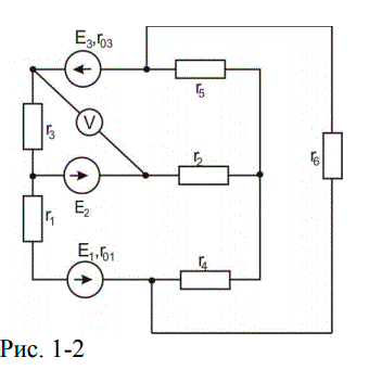 Для электрической схемы, изображенной на рисунке, по заданным в таблице сопротивлениям и ЭДС выполнить следующее: <br />1) Составить систему уравнений, необходимых для определения токов по первому и второму законам Кирхгофа  <br />2) Найти все токи, пользуясь методом контурных токов  <br />5)	Определить показание вольтметра и составить баланс мощностей для заданной схемы.  <br /><b>Вариант 1</b><br />  Дано: Рис. 1-2 <br />Е1 = 55 В, Е2 = 18 В, Е3 = 4 В,  <br />r01 = 0.8 Ом, r03 = 0.8 Ом,  <br />R1 = 8 Ом, R2 = 4 Ом, R3 = 3 Ом, R4 = 2 Ом, R5 = 4 Ом, R6 = 4 Ом.