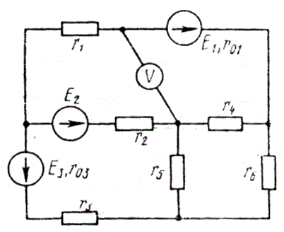 Для электрической схемы, изображенной на рисунке, по заданным в таблице сопротивлениям и ЭДС выполнить следующее: <br />1) Составить систему уравнений, необходимых для определения токов по первому и второму законам Кирхгофа  <br />2) Найти все токи, пользуясь методом контурных токов  <br />5)	Определить показание вольтметра и составить баланс мощностей для заданной схемы.  <br /><b>Вариант 46</b><br /> Дано: <br />Е1 = 8 В, Е2 = 6 В, Е3 = 36 В, <br />r01 = 1.3 Ом, r03 = 1.2 Ом, <br />R1 = 3 Ом, R2 = 2 Ом, R3 = 1 Ом, R4 = 6 Ом, R5 = 8 Ом, R6 = 6 Ом.