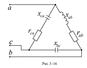 <b>Задача 3 </b>Для электрической схемы, изображенной на рисунке, по заданным в таблице параметрам и линейному напряжению определить фазные и линейные токи, ток в нейтральном проводе (для четырехпроводной схемы), активную мощность всей цепи и каждой фазы отдельно. Построить векторную диаграмму фазных и линейных токов на комплексной плоскости.<br /> <b>Вариант 46</b><br />Дано Рисунок 3.16; <br />Uл=20 В;<br /> r<sub>ab</sub>=5 Ом; r<sub>ca</sub>=6 Ом; x<sub>ab</sub>=- ; <br />x<sub>bc</sub>=8 Ом; x<sub>ca</sub>=4 Ом;