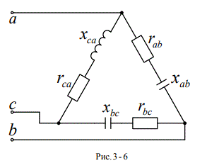 Для электрической цепи, схема которой изображена на рисунке, по заданным в таблице параметрам и линейному напряжению, определить фазные и линейные токи, ток в нейтральном проводе (для четырехпроводной схемы), активную мощность всей цепи и каждой фазы отдельно. Построить векторную диаграмму сил токов и напряжений на комплексной плоскости. <br /><b>Вариант 16</b><br />   Дано: Uл = 220 В, Rab = Rbc = Rca = 8 Ом, Xab = Xbc = Xca = 6 Ом