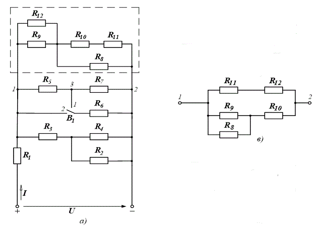 «Расчет разветвленных электрических цепей» <br /> Задание 1: Решить методом эквивалентных преобразований.  <br />Определить эквивалентное сопротивление RЭ электрической цепи постоянного тока и распределение токов по ветвям. Вариант электрической цепи, положение выключателей В1 и В2 в схемах, величины сопротивлений резисторов R1 – R12 и питающего напряжения U для каждого из вариантов задания представлены в таблице.<br /><b>Вариант 9</b> <br /> Дано: U = 220 В,  <br />R1 = 2 Ом, R2 = 1 Ом, R3 = 2 Ом, R4 = 3 Ом, R5 = 2 Ом, R6 = 4 Ом, R7 = 3 Ом, R8 = 5 Ом, R9 = 10 Ом, R10 = 5 Ом, R11 = 6 Ом, R12 = 1 Ом<br />Схема участка – «в»<br />Положение выключателя  – 2