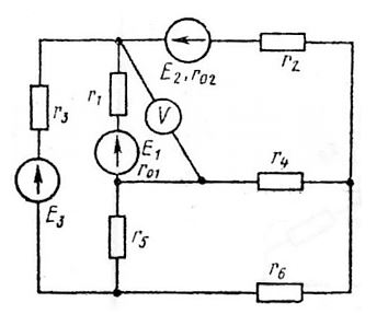 Для электрической схемы, изображенной на рисунке, по заданным в таблице сопротивлениям и ЭДС выполнить следующее: <br />1) Составить систему уравнений, необходимых для определения токов по первому и второму законам Кирхгофа  <br />2) Найти все токи, пользуясь методом контурных токов  <br />5)	Определить показание вольтметра и составить баланс мощностей для заданной схемы.  <br /><b>Вариант 4</b><br /> Дано: Схема 1-5 <br />Е1 = 14 В, Е2 = 25 В, Е3 = 28 В, <br />r01 = 0,9 Ом, r02 = 1.2 Ом, <br />R1 = 5 Ом, R2 = 2 Ом, R3 = 8 Ом, R4 = 2 Ом, R5 = 2 Ом, R6 = 6 Ом.
