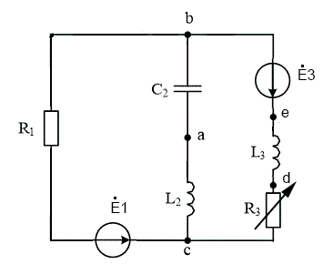 <b>Линейные электрические цепи синусоидального тока </b><br />1.	На основании законов Кирхгофа составить систему уравнений для расчета токов, записав ее в двух формах: <br />a.	Дифференциальной; <br />b.	Символической; <br />2.	Определить комплексы действующих значений токов, воспользовавшись одним из методов расчета линейных цепей; <br />3.	Правильность решение проверить по балансу мощности; <br />4.	Построить векторную диаграмму токов и совмещенную с ней топографическую диаграмма напряжений на всех элементах схемы. При этом потенциал одного из узлов схемы принять равным нулю; <br />7.	Полагая, что между любыми двумя индуктивностями имеется магнитная связь при коэффициенте взаимной индукции, равном М, записать в двух формах системы уравнений по законам Кирхгофа.<br /> <b>Вариант 100</b><br />Дано: <br />L2 = 100 мГн, L3 = 50 мГн <br />C2 = 230 мкФ  <br />R1 = 30 Ом, R3 = 90 Ом <br />Е1 =180 В, Е3 = 90 В <br />ψ1 = 20°,  ψ3 = -30°,  