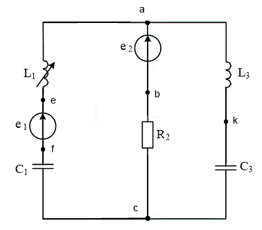 <b>Линейные электрические цепи синусоидального тока </b><br />1.	На основании законов Кирхгофа составить систему уравнений для расчета токов, записав ее в двух формах: <br />a.	Дифференциальной; <br />b.	Символической; <br />2.	Определить комплексы действующих значений токов, воспользовавшись одним из методов расчета линейных цепей; <br />3.	Правильность решение проверить по балансу мощности; <br />4.	Построить векторную диаграмму токов и совмещенную с ней топографическую диаграмма напряжений на всех элементах схемы. При этом потенциал одного из узлов схемы принять равным нулю; <br />7.	Полагая, что между любыми двумя индуктивностями имеется магнитная связь при коэффициенте взаимной индукции, равном М, записать в двух формах системы уравнений по законам Кирхгофа.<br /> <b>Вариант 321</b><br />Дано: <br />L1 = 40 мГн, L3 = 100 мГн <br />C1 = 60 мкФ, С3 = 80 мкФ <br />R2 = 40 Ом <br />Е1 = 60 В, Е2 = 170 В <br />ψ1 = 100°,  ψ2 = 30°,   <br />ω = 314 с-1