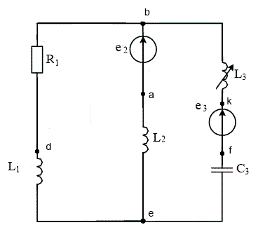<b>Линейные электрические цепи синусоидального тока </b><br />1.	На основании законов Кирхгофа составить систему уравнений для расчета токов, записав ее в двух формах: <br />a.	Дифференциальной; <br />b.	Символической; <br />2.	Определить комплексы действующих значений токов, воспользовавшись одним из методов расчета линейных цепей; <br />3.	Правильность решение проверить по балансу мощности; <br />4.	Построить векторную диаграмму токов и совмещенную с ней топографическую диаграмма напряжений на всех элементах схемы. При этом потенциал одного из узлов схемы принять равным нулю; <br />7.	Полагая, что между любыми двумя индуктивностями имеется магнитная связь при коэффициенте взаимной индукции, равном М, записать в двух формах системы уравнений по законам Кирхгофа.<br /> <b>Вариант 554</b><br />Дано: <br />L1 = 200 мГн, L2 = 160 мГн, L3 = 200 мГн <br />С3 = 130 мкФ <br />R1 = 60 Ом <br />Е2 = 110 В, Е3 = 30 В <br />Ψ2 = 60°,  ψ3 = -100°,   <br />ω = 314 с-1