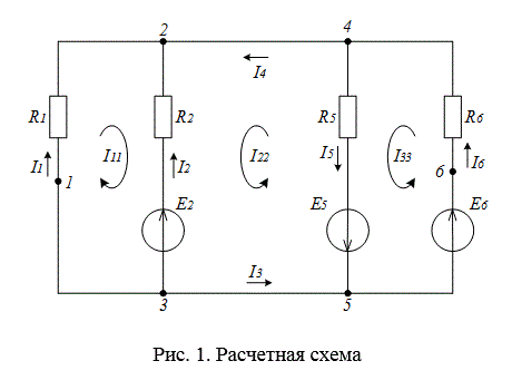 <b>Расчетно-графическая работа № 1.</b> Расчет электрической цепи методом контурных токов.  <br /><b>Расчетно-графическая работа № 2.</b> Расчет электрической цепи методом узловых напряжений и методам  эквивалентного генератора. <br /><b>Расчетно-графическая работа № 3.</b> Расчет электрической цепи методом уравнений Кирхгоффа.  <br /><b>Расчетно-графическая работа № 4.</b> Расчет электрической цепи методом суперпозиции.<br />Определить: <br />•	токи в ветвях: I1, I2, I4, I5, I6; <br />•	падение напряжения на каждом резисторе: U1, U2, U4, U5, U6; <br />•	мощности, потребляемые элементами схемы: P1, P2, P4, P5, P6; <br />•	режимы работы источников; <br />•	баланс мощностей пассивных P<sub>П</sub> и активных P<sub>А</sub> элементов схемы.<br /> <b>Вариант 16</b><br />Исходные данные Значения ЭДС источников: Е2=30 В; Е5=60 В; Е6=10 В.  <br />Значения сопротивлений резисторов: R1=4 Ом; R2=6 Ом; R5=6 Ом; R6=4 Ом.