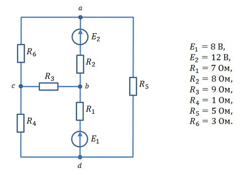 <b>Расчет цепи постоянного тока</b><br />1.	Записать уравнение по законам Кирхгофа в общем виде.  <br />2.	Определить токи во всех ветвях схемы: <br />a)	методом контурных токов, <br />b)	методом узловых потенциалов. <br />3.	Составить баланс мощности. <br />4.	Определить ток ветви “ab” методом эквивалентного генератора. <br />5.	Построить потенциальную диаграмму для контура "abcda”. <br />6.	Привести сводную таблицу результатов расчета.<br /><b> Вариант 234</b>