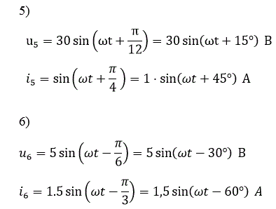 Построить векторы тока и напряжения для момента времени t = 0, соответствующие следующим выражениям <br /><b>Вариант 5</b><br /> u5=30 sin⁡(ωt+π/12)=30 sin⁡(ωt+15°)  В<br /> i5=sin⁡(ωt+π/4  )=1•sin⁡(ωt+45°)  А<br /> <b>Вариант 6</b><br />u6=5 sin⁡(ωt-π/6)=5 sin⁡(ωt-30°)  В <br />i6=1.5 sin⁡(ωt-π/3)=1,5 sin⁡(ωt-60°)  A