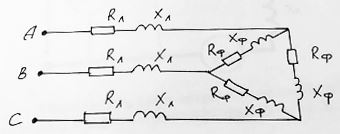 Трехфазный приемник подключен к сети с линейным напяржением Uл = 380 В. Сопротивления фаз приемника Rф = 60 Ом, Xф = 60 Ом. Сопротивления проводов Rл = 20 Ом, Xл = 10 Ом<br /> Найти токи в линейных проводах.
