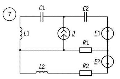 <b>Задание 2 1.</b>  <br />1.	Составить систему уравнений по методу законов Кирхгофа.  <br />2. Рассчитать ток в L1 методом контурных токов.  <br />3. Рассчитать ток в L1 методом эквивалентного генератора. <br /><b>Вариант 27 (Схема 7 данные 7)   </b><br />Дано: <br />J = 5 мА, Е1 = j60 В, Е2 = 50 В <br />R1 = 4 кОм, R2 = 6 кОм <br />L1 = 318 мГн, L2 = 159 мГн <br />C1 = C2 = 6.36 нФ <br />f = 5 кГц