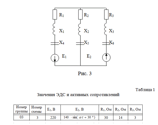 1. Найти токи в ветвях схемы с одним источником ЭДС, используя эквивалентные преобразования схемы: <br />а) принять значение ЭДС второго источника равным нулю (Е2=0); <br />б) найти входное (эквивалентное) сопротивление схемы; <br />в) найти ток через источник ЭДС Е1; <br />г) найти напряжение, приложенное к разветвленному участку схемы; <br />д) найти токи в ветвях разветвленного участка. <br />2. Найти токи в ветвях схемы с двумя источниками ЭДС, используя метод наложения: <br />а) принять значение ЭДС первого источника равным нулю (Е1=0); <br />б) найти токи в ветвях схемы, протекающие под действием второго источника; <br />в) используя принцип суперпозиции и результаты расчетов по пункту 1, найти токи в ветвях схемы при двух включенных источниках ЭДС. <br />4. Проверить правильность расчета схемы с двумя источниками ЭДС методом баланса мощностей. <br />5. По результатам расчета схемы с одним источником ЭДС построить векторную диаграмму токов и напряжений.<br /><b>Вариант 16, схема 3.</b>