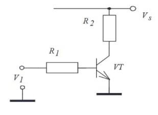 1.11. Рассчитать токи во всех ветвях схемы при напряжении питания  Vs = 10 В, V1 = 5 В, R1 = 100 кОм, R2 = 2 кОм. При расчете принять коэффициент усиления транзистора равным 100 и падение напряжения на переходе база-эмиттер равным 0,6 В.