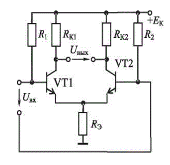 <b>Задача 21.</b> На рис. 1 приведена схема балансного каскада на идентичных транзисторах VТ1 и VТ2 с h21 = 50. При отключенном входе IБ1 = IБ2 = 0,02 мА, UБЭ1 = UБЭ2 = 0,5 В, UКЭ1 = Uкэ2 = 5 В.. Определить сопротивления R1 Rк1, R2, Rк2 резисторов и  Uвых, если  ЕК = 12 В и Rэ = 500 Ом. Изменится ли Uвых , если ЕК уменьшится  до  10 В ?