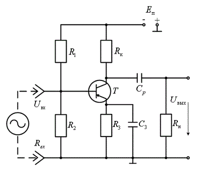Дано:  <br />Uвыхм=2.2 (В) <br />Rн=440 (Ом) <br />f=110 (Гц) <br />Eп=9 (В)  <br />Требуется:  Рассчитать каскад транзисторного усилителя напряжения.