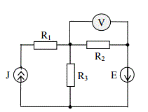 Схема цепи представлена на рис. 2. Задайте положительные направления токов ветвей и  составьте уравнения цепи по I и II законам Кирхгофа. Известно, что показание вольтметра равно нулю. Сопротивления резисторов R1, R2, R3 и значение тока источника J приведены в таблице индивидуальных заданий. Найдите значение ЭДС источника Е. Проверьте баланс мощностей.<br /> <b>Вариант 33</b><br /> Дано: R1 = 10 кОм, R2 = 5 кОм, R3 = 15 кОм, J = 10 мА