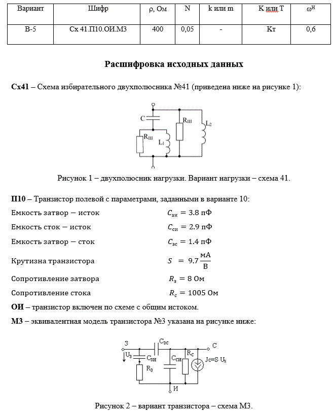 Схемные функции и частотные характеристики линейных электрических цепей (курсовая работа)<br /><b>Вариант 05</b> Шифр Сх 41.П10.ОИ.М3