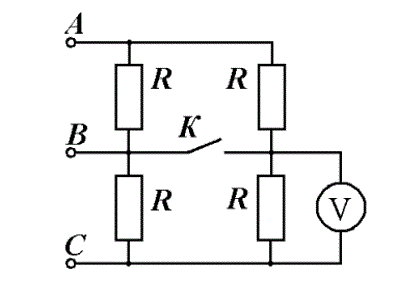 <b>Задача 2.</b> Определите показания прибора в цепи при замкнутом и разомкнутом выключателе, если линейное напряжение равно  U<sub>л</sub>= 220 В, R = 50 Ом.