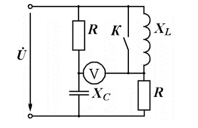 <b>Задача 1.</b> Определите показания прибора в цепи при замкнутом и разомкнутом выключателе, если U = 240 В, R = X<sub>L</sub> = X<sub>C</sub> = 60 Ом.