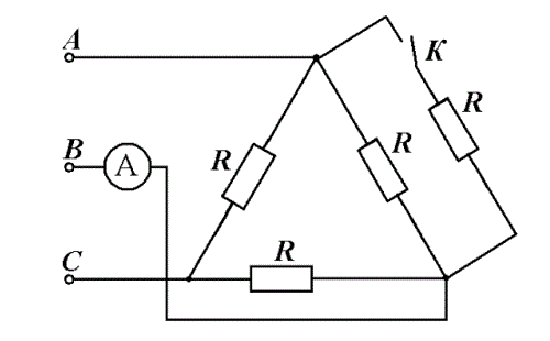 <b>Задача 2.</b> Определите показания прибора в цепи при замкнутом и разомкнутом выключателе, если линейное напряжение  равно U<sub>л</sub> = 220 В, R= 20 Ом. 