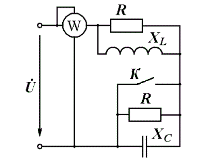 <b>Задача 1. </b>Определите показания прибора в цепи при замкнутом и разомкнутом выключателе, если U = 100 В, R = X<sub>L</sub> = X<sub>C</sub> = 50 Ом.