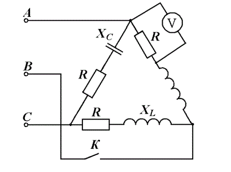 <b>Задача 2. </b>Определите показания прибора в цепи при замкнутом и разомкнутом выключателе, если линейное напряжение U<sub>л</sub> = 380 В, R = X<sub>L</sub> = X<sub>C</sub> = 50 Ом.
