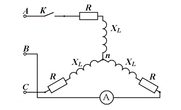 <b>Задача 2.</b> Определите показания прибора в цепи при замкнутом и разомкнутом выключателе, если линейное напряжение U<sub>л</sub> = 220 В, R = 6 Ом, X<sub>L</sub> = 8 Ом.