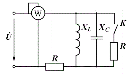 <b>Задача 1.</b> Определите показания прибора в цепи при замкнутом и разомкнутом выключателе, если U = 80 В, R = X<sub>L</sub> = X<sub>C</sub> = 20 Ом.
