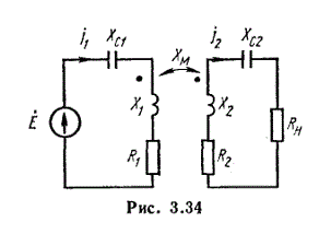 <b>Задача 3.50 из сборника Бессонова. </b><br />Рассчитать емкость конденсатора, при которой возникнет резонанс в первичной обмотке трансформатора (рис. 3.34), если: <br /> Х<sub>1</sub> = 47,5 Ом; Х<sub>2</sub> = 30 Ом;  <br />R<sub>2</sub> = 5 Ом; R<sub>н</sub> = 35 Ом;  <br />Х<sub>м</sub> = 25 Ом; f = 1000 Гц; Хс<sub>2</sub> = 0.  <br />Найти токи в обмотках трансформатора в условиях резонанса при Е = 100 В; R<sub>1</sub> = 10 Ом.