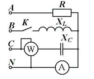 <b>Задача 2. </b><br />Определите показания прибора в цепи при замкнутом и разомкнутом выключателе. Линейное напряжение U<sub>л</sub> = 220 В, R = Х<sub>L</sub> = Х<sub>с</sub>  = 20 Ом.