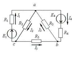Если токи в ветвях составляют I<sub>3</sub> = 10А, I<sub>4</sub> = 3А, то ток I<sub>5</sub>  будет равен<br />1.	1 А. <br />2.	5 А. <br />3.	7 А. <br />4.	10 А.