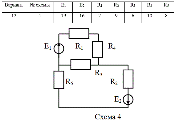 <b>Контрольная работа по расчету цепи постоянного тока</b> <br /> 1. Рассчитать токи во всех ветвях заданной согласно своему варианту электрической схемы методом контурных токов. Правильность расчетов проверить составлением баланса мощностей. <br />2. Найти ток в ветви с R3 методом эквивалентного генератора.<br /><b>Вариант 12</b>