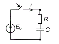 В момент времени t = 0 электрическая цепь, содержащая незаряженный конденсатор емкостью C и сопротивление R, подключается к источнику постоянной ЭДС E0. Определить законы изменения напряжения на емкости и тока в цепи классическим и операторным методом. Построить графики переходных величин.   <br /><b>Вариант 81</b> <br />Дано: Е0 = 150 В, R = 12 Ом, C = 45 мкФ