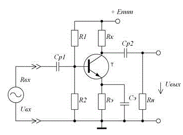 Определить: <br />1) тип транзистора; <br />2) режим работы выбранного транзистора;  <br />3) сопротивление коллекторной нагрузки Rк; <br />4) сопротивление в цепи эмиттера Rэ; <br />5) сопротивления делителя напряжения R1 и R2, стабилизирующие режим работы транзистора; <br />6) емкость разделительного конденсатора Cр;  <br />7) емкость конденсатора в цепи эмиттера Cэ; <br />8) коэффициент усиления каскада по напряжению.<br /><b>Вариант 5</b><br />  Исходные данные: <br />1) напряжение на выходе каскада Uвыхm=1.5 B; <br />2) сопротивление нагрузки Rн=480 Ом; <br />3) нижняя граничная частота fн=220 Гц;   <br />4) допустимое значение коэффициента частотных искажений каскада в области нижних частотах Mн=1.5; <br />5) напряжение источника питания Eпит=24 B.