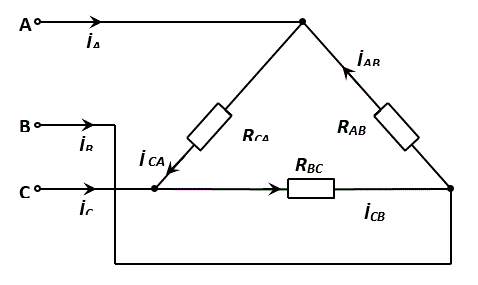 В трехфазную трехпроводную цепь с симметричным линейным напряжением UЛ=120 В включены треугольником активные сопротивления RAB=5 Ом, RBC=9 Ом и RCA=12 Ом. Определить фазные и линейные токи, активную мощность всей цепи и каждой фазы в отдельности. Построить векторную диаграмму цепи.