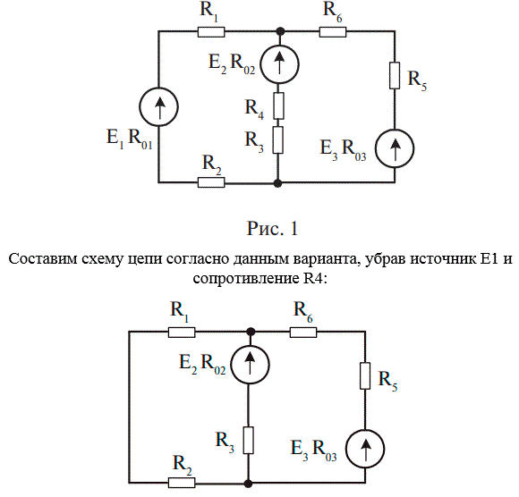 <b>Задача 27 </b> <br />На рисунке 1 приведена схема сложной цепи постоянного тока. По заданным значениям сопротивлений и э. д. с. определить ток в каждой ветви схемы методом узловых и контурных уравнений Кирхгофа   <br />Дано: Е2 = 80 В, Е3 = 65 В,  <br />R02 = 1 Ом, R03 = 1 Ом <br />R1 = 3 Ом, R2 = 3 Ом, R3 = 11 Ом, R4 = - Ом, R5 = 2 Ом, R6 = 3 Ом