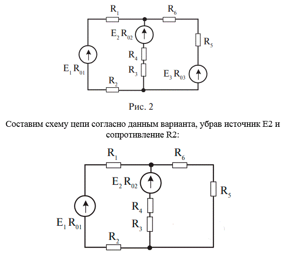 <b>Задача 33 </b><br />На рисунке 2 приведена схема сложной цепи постоянного тока. По заданным значениям сопротивлений и э. д. с. определить ток в каждой ветви схемы методом узлового напряжения   <br />Дано: Е1 = 10 В, Е2 = 20 В,  <br />R01 = 1 Ом, R02 = 1,3 Ом <br />R1 = 4 Ом, R2 = 5 Ом, R3 = 4 Ом, R4 = 4.7 Ом, R5 = 15 Ом, R6 = 5 Ом