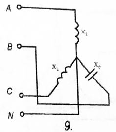 В трехфазную сеть с симметричным линейным напряжением U включены сопротивления. Согласно заданному варианту определить токи во всех проводах цепи, активную, реактивную и полную мощности нагрузок, построить векторную диаграмму.  <br /><b>Вариант 9 </b><br />Дано: Uл = 380 В, XLA= 240 Ом, XCB= 220 Ом, XLC= 200 Ом 
