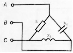 В трехфазную сеть с симметричным линейным напряжением U включены сопротивления. Согласно заданному варианту определить токи во всех проводах цепи, активную, реактивную и полную мощности нагрузок, построить векторную диаграмму.  <br /><b>Вариант 3</b> <br />Дано: Uл = 380 В, XCAB= 140 Ом, XLBC= 80 Ом, RCA = 90 Ом 
