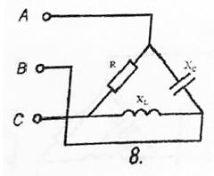 В трехфазную сеть с симметричным линейным напряжением U включены сопротивления. Согласно заданному варианту определить токи во всех проводах цепи, активную, реактивную и полную мощности нагрузок, построить векторную диаграмму.  <br /><b>Вариант 8 </b><br />Дано: Uл = 225 В, XCAB= 80 Ом, XLBC= 160 Ом, RCA = 160 Ом 