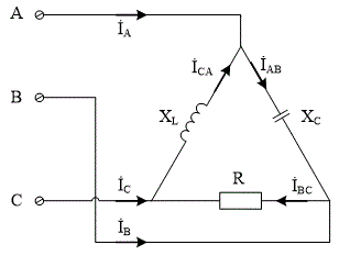 В трехфазную сеть с симметричным линейным напряжением U включены сопротивления. Согласно заданному варианту определить токи во всех проводах цепи, активную, реактивную и полную мощности нагрузок, построить векторную диаграмму.  <br /><b>Вариант 7</b> <br />Дано: Uл = 519 В, XCAB= 200 Ом, RBC= 250 Ом, XLCA = 200 Ом 