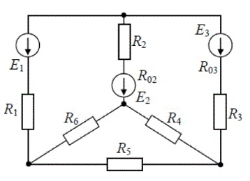 1. Произвольно задавшись направлением тока, проходящего через каждый элемент цепи, и направлением обхода контуров составить систему уравнений, необходимых для определения токов по первому и второму законам Кирхгофа. <br />2. Преобразовать исходную трехконтурную схему в двухконтурную, заменив «треугольник» сопротивлений эквивалентной «звездой». <br />3. Для двухконтурной схемы составить систему уравнений для расчета токов, используя законы Кирхгофа. Рассчитать эти токи. <br />4. Используя данные значения токов, рассчитать все токи, проходящие через каждый элемент цепи в трехконтурной схеме. <br />5. Изобразить исходную трехконтурную схему и, задав направления контурных токов, составить уравнения по методу контурных токов. <br />6. Используя значения контурных токов, определить токи, протекающие через каждый элемент цепи. <br />7. Составить баланс мощностей для заданной схемы.  <br /><b>Вариант 23</b>    <br />Дано:  Е1 = 36 В, Е2= 9 В, Е3 = 24 В <br />R01 -, R02 = 0.8 Ом, R03 = 0.8 Ом <br />R1 = 3 Ом, R2 = 4 Ом, R3 = 2 Ом, R4 = 1 Ом, R5 = 5 Ом, R6 = 1 Ом