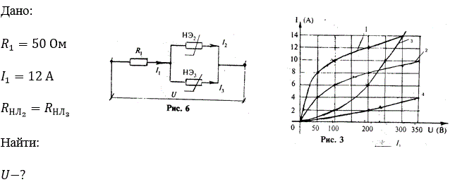 <b>Задача 3</b> <br />Два одинаковых нелинейных элемента, вольт-амперные характеристики которых заданы (3 рис. 3), соединены по схеме рис. 6. Определить напряжение на зажимах цепи, если I1 = 12 А, R1 = 50 0м<br /> <b>Вариант 6</b>