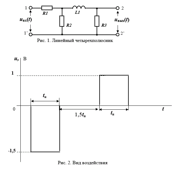 На вход цепи, приведено на рис.1, воздействует импульсное напряжение, вид которого показан на рис. 2. Изобразить график  выходного напряжения с соблюдением масштаба, учитывая числовые значения параметров элементов цепи и воздействия, а именно:<br />R1 = R2 = R3 = 20 Ом, L1 = 20 мкГн, tи = 3 мкс   <br />График реакции наложить на график воздействия, которое перерисовать заново