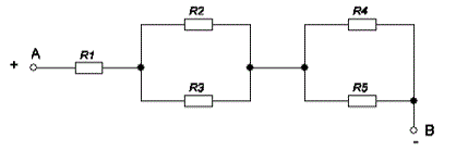 <b>Задача 1 </b>Цепь постоянного тока со смешанным соединением состоит из пяти резисторов. Заданы электрическая схема цепи, значения сопротивлений резисторов, один из параметров U, I, E или Р. Определить: <br />1) эквивалентное сопротивление цепи RЭКВ; <br />2) токи, проходящие через каждый резистор; <br />3) общий ток; <br />4) общее напряжение U. <br />Решение задачи проверить, применив первый закон Кирхгофа. Составить баланс мощностей. Пояснить с помощью логических рассуждений характер изменения электрической величины, заданной в таблице вариантов (увеличится, уменьшится, останется без изменений), если один из резисторов замкнуть накоротко или выключить из схемы. Характер действия с резистором и его номер указаны в табл.1. При этом считать напряжение U неизменным. При трудностях логических пояснений ответа можно выполнить расчет требуемой величины в измененной схеме и на основании сравнения ее в двух схемах, дать ответ на вопрос<br /><b>Вариант 18</b>. <br />Исходные данные: R1 = 2 Ом; R2 = 12 Ом; R3 = 4 Ом; R4 = 10 Ом; R5 = = 10 Ом; U1 = 10 B; <br />R2 замыкается накоротко; рассмотреть изменение U3. <br />Определить: RЭКВ; I1 – I5; U.