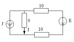 Определить ток I если J = 10 A, E = 50 В, сопротивления на схеме даны в Омах методом контурных токов.